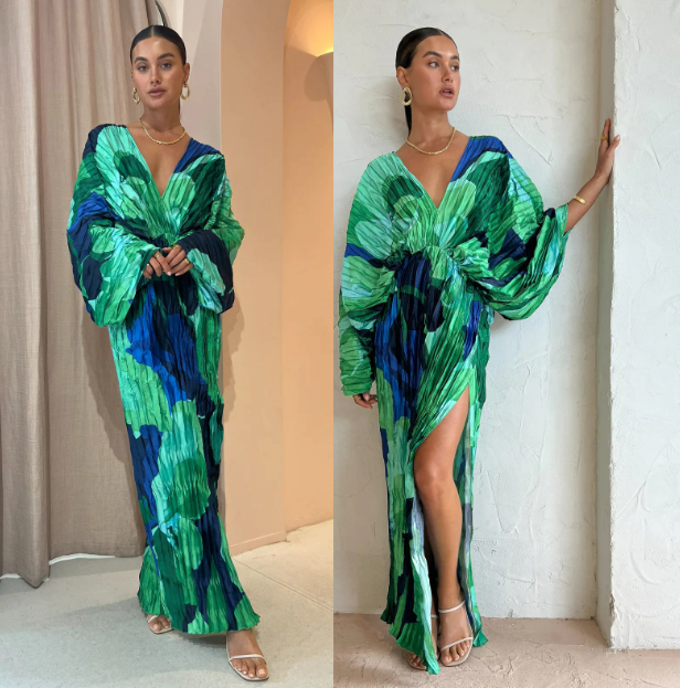 Elegant V-Neck Print Long Sleeve Dress