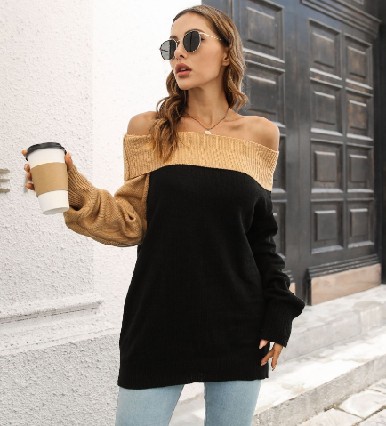 Khaki and Black Off-Shoulder Sweater Image 4