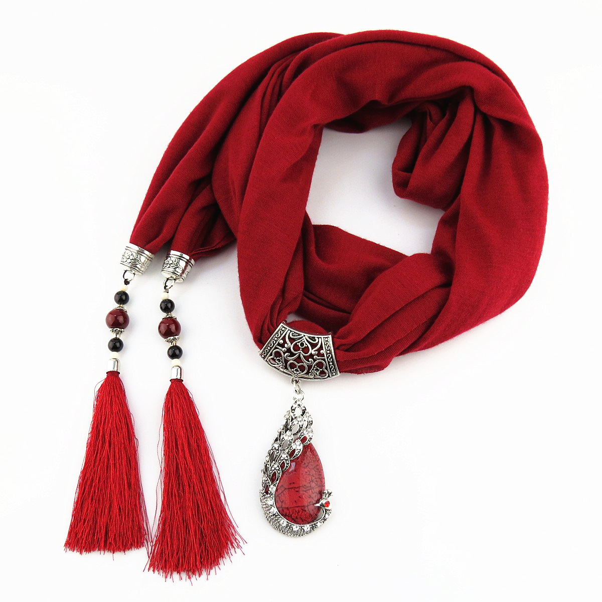 New Ceramic Beads Tassel Peacock Stone Pendant Scarf For Women Charm Boho Fashion Jewelry image