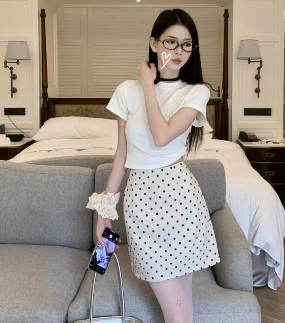 High-Waisted Denim Polka Dot A-Line Skirt - Image 4