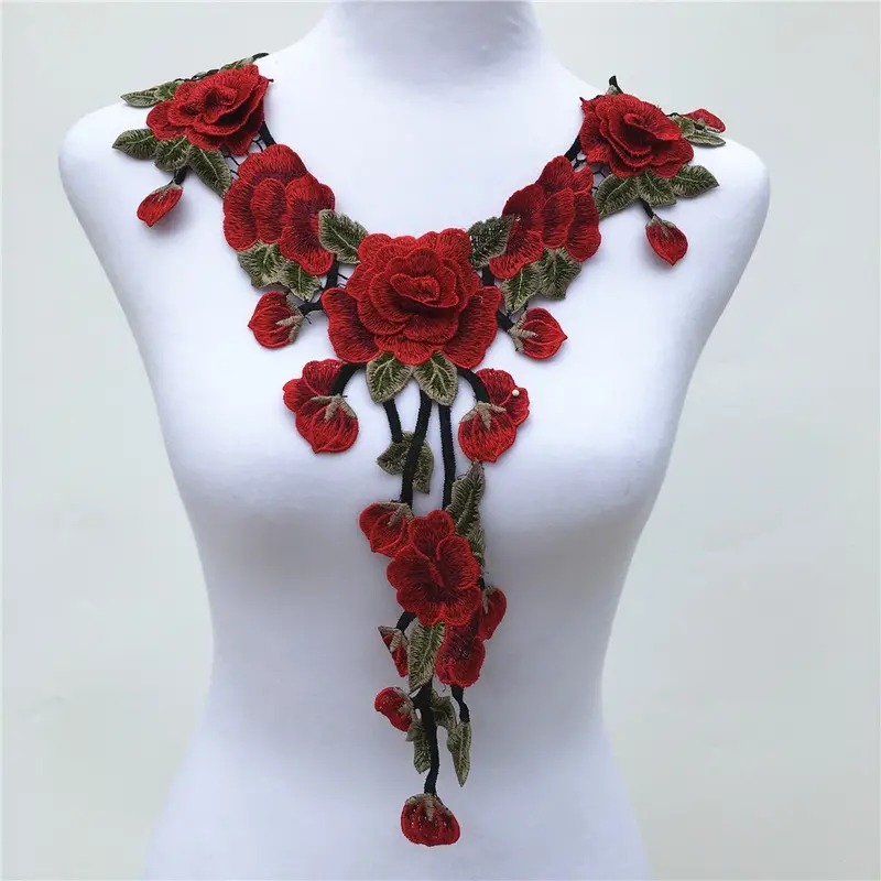 1pcs Embroidered Red Flower Lace Fabric Dress Applique Pattern Shirt Decoration for DIY Sewing Neck Decoration image