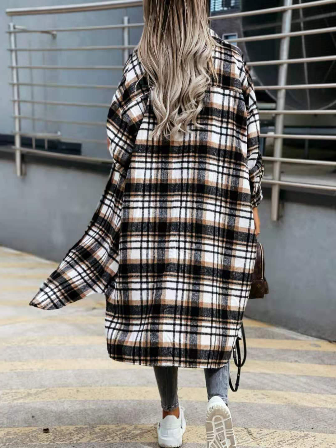 European And American Loose Blue And White Plaid Woolen Long Coat 6