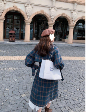 French Green Plaid Woolen Coat Image 5