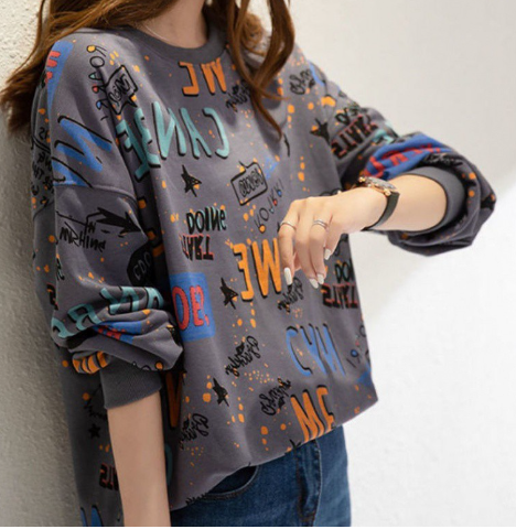 Harajuku Style Full Letter Polyester Loose Long-Sleeved Round Neck Sweater image