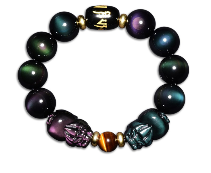 天然双彩虹眼黑曜石貔貅手链