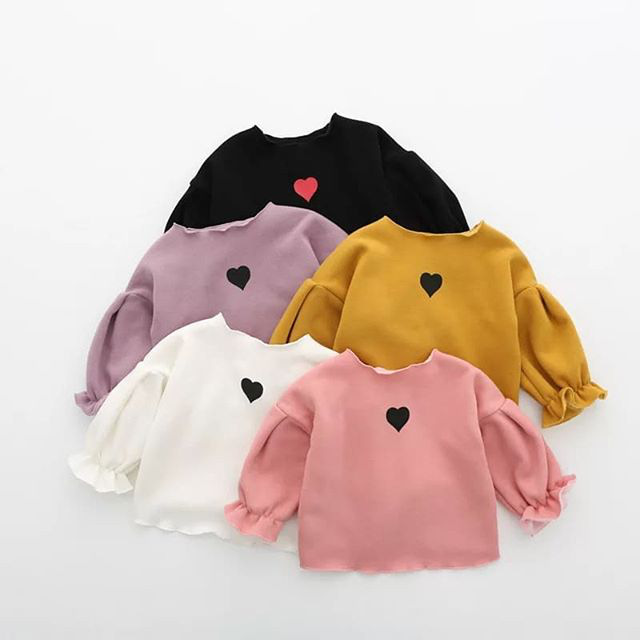 Korean version of the spring new children's clothing girls Puff Sleeve T-shirt children's love printing shirt shirt long-sleeved shirt image