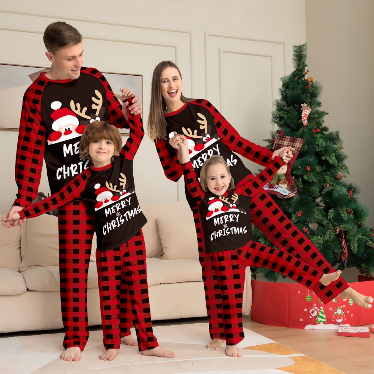 Amazon Autumn New Cute Letter Printing Christmas Parent-child Suit Foreign Trade Europe and the United States Plaid Home Clothes Pajamas image