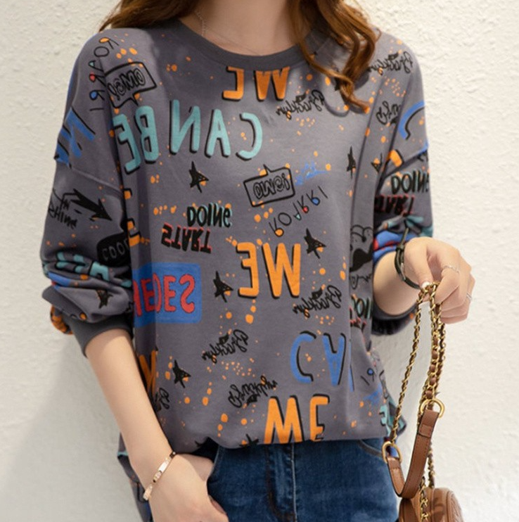 Harajuku Style Full Letter Polyester Loose Long-Sleeved Round Neck Sweater