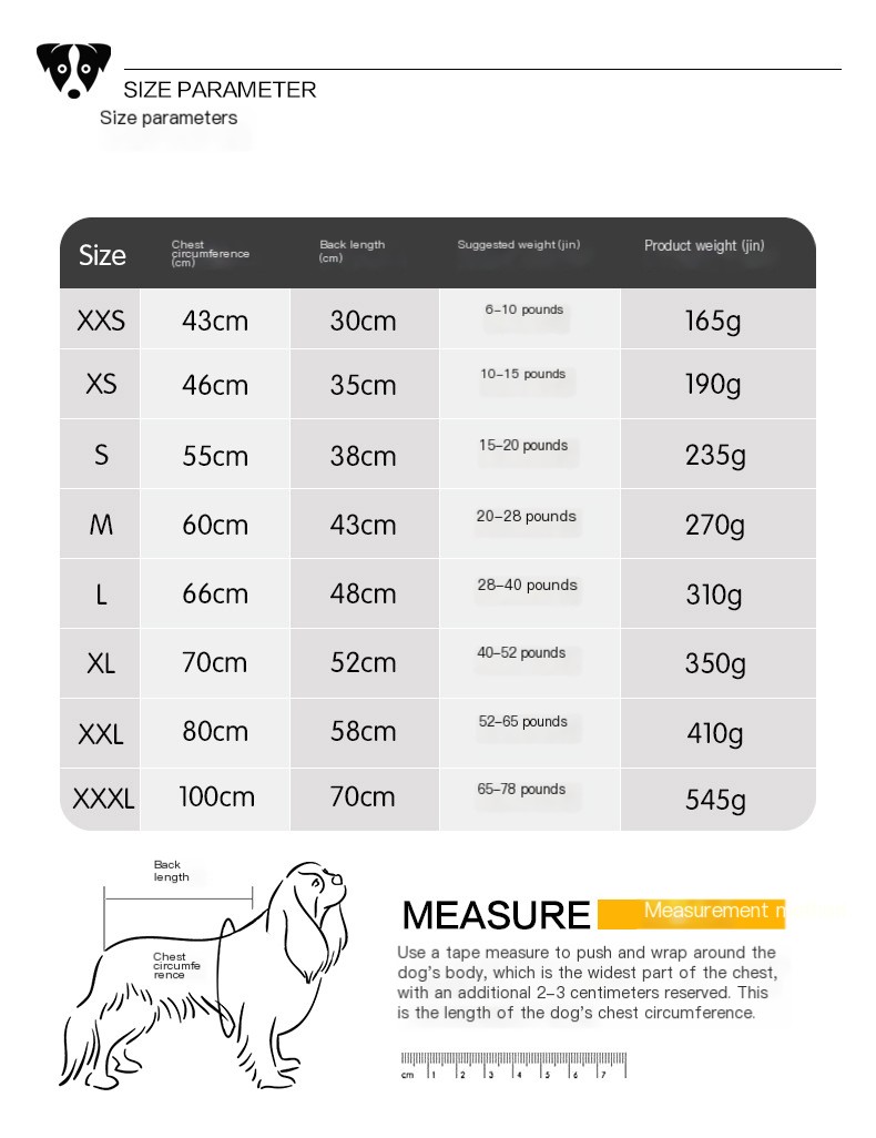 Dog Clothing Size Chart