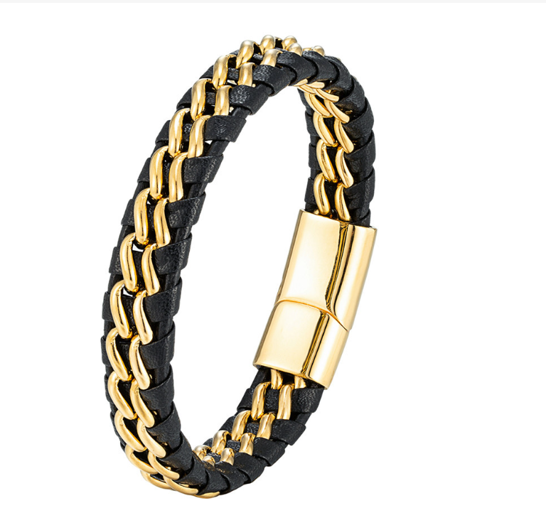 Zwarte leren en stalen armband