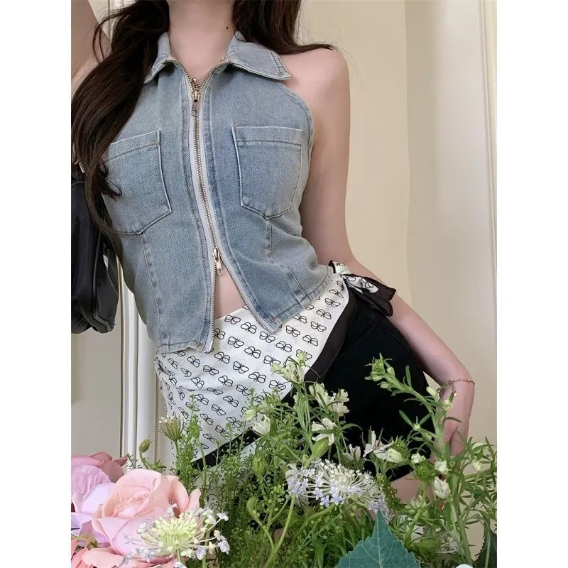 Side view of Women's Sexy Zipper Sleeveless Summer Denim Tank Top