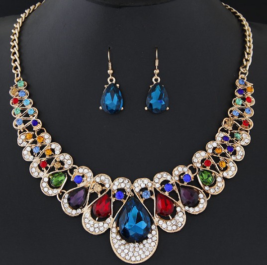 Colorful Crystal Gem Necklace and Earring Set