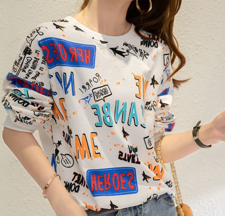 Harajuku Style Full Letter Polyester Loose Long-Sleeved Round Neck Sweater