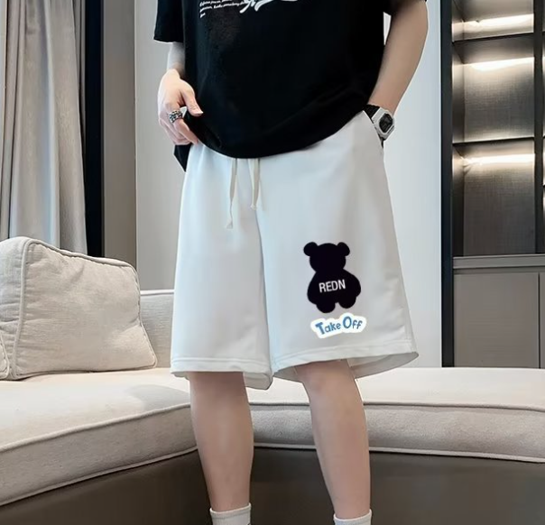 Casual Touch Color Stitching Flocking Bear Shorts