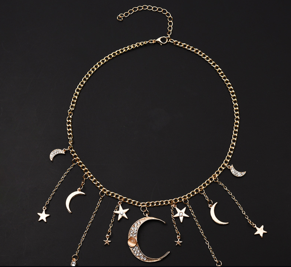 Star and Moon Tassel Pendant Necklace - Silver