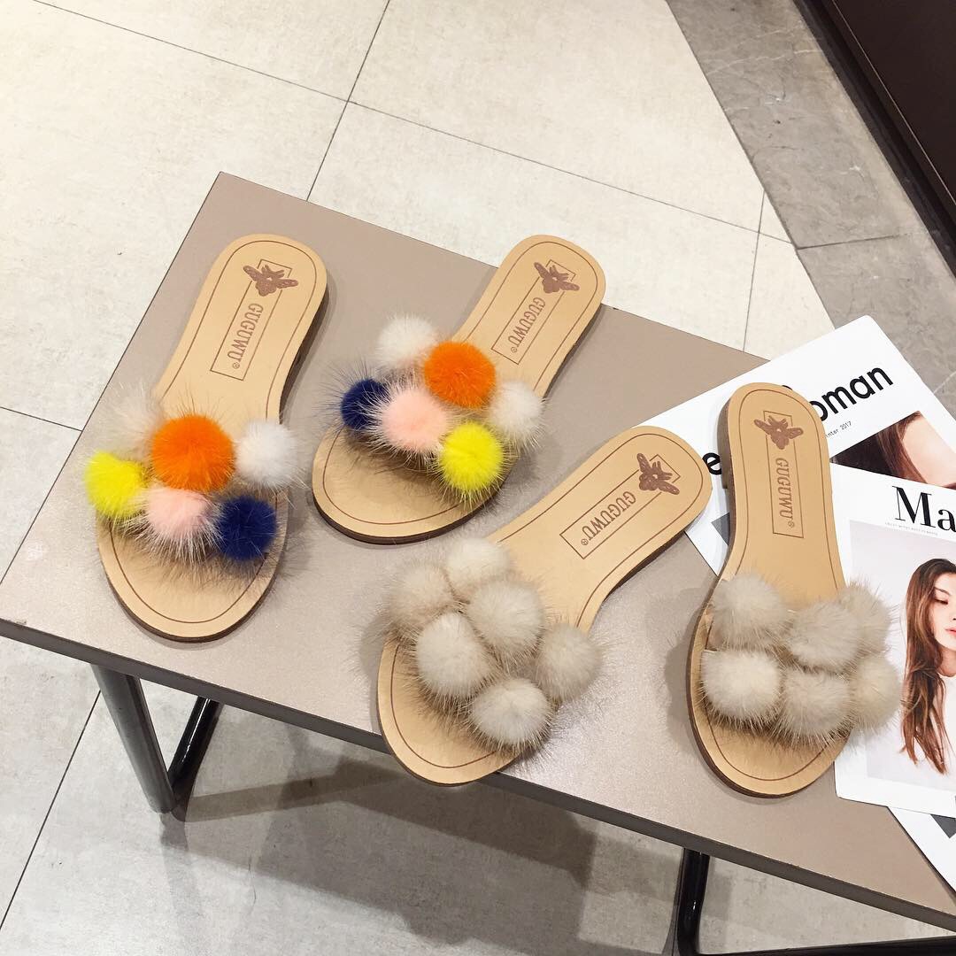 Fringed Wool Ball Slippers Image 2