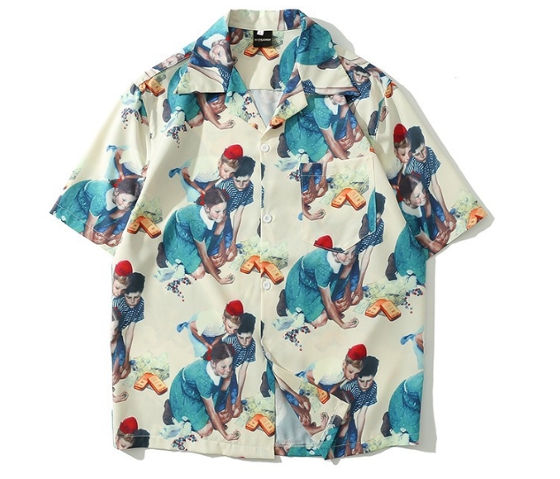 Retro Cartoon Print Loose Short Sleeve Shirt