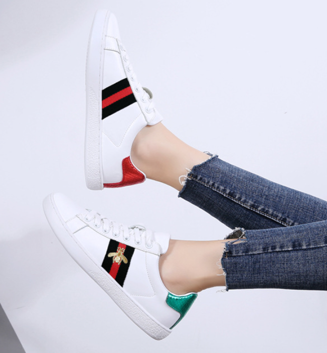 Genuine Leather Sneakers - Bee Embroidery