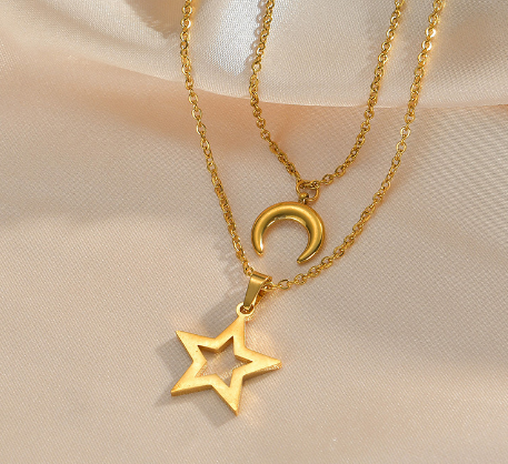 Star and Moon Double Layer Necklace Image 1