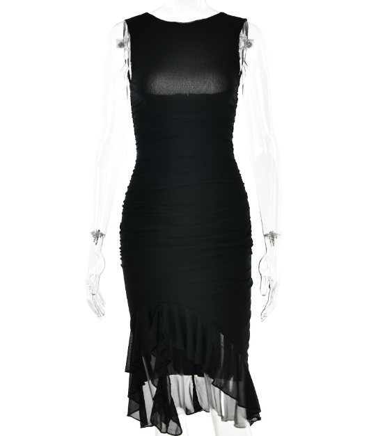 Ruffle Trim Backless Dress - Brown