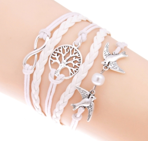Retro Peace Dove Pearl Tree of Life Bracelet White