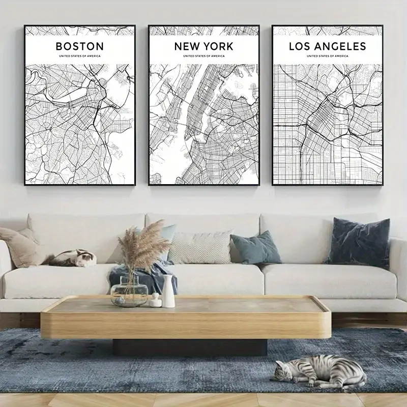 3pcs 11,8*15,7 polegadas Boston, Los Angeles, New York City Mapa Cartaz Abstrato Quadro Preto e Branco Lona Impressão de Arte de Parede Imagem Moderna Decoração de Casa Sem Moldura image