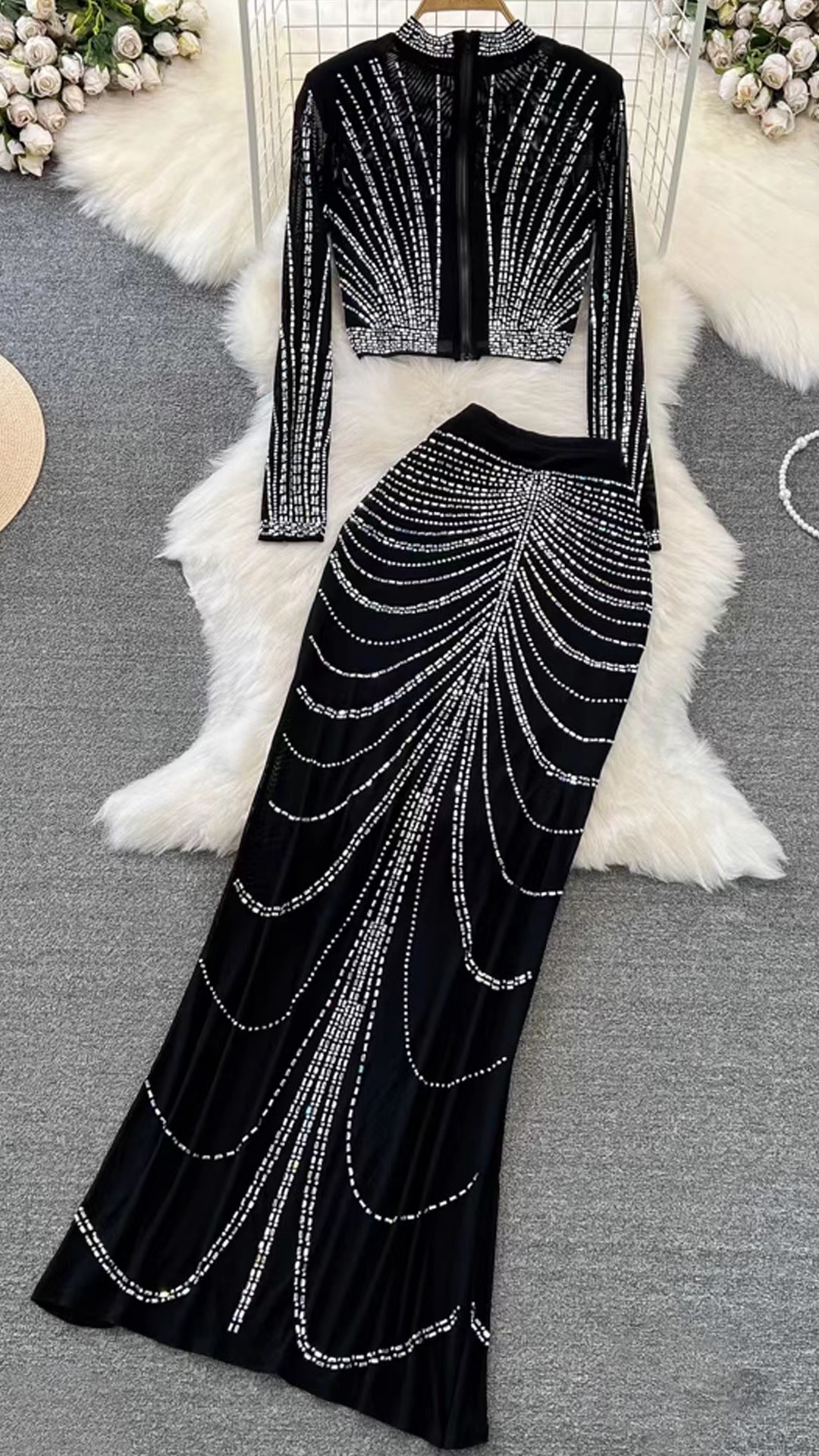 Hot Rhinestone Asymmetric Side Slit Skirt