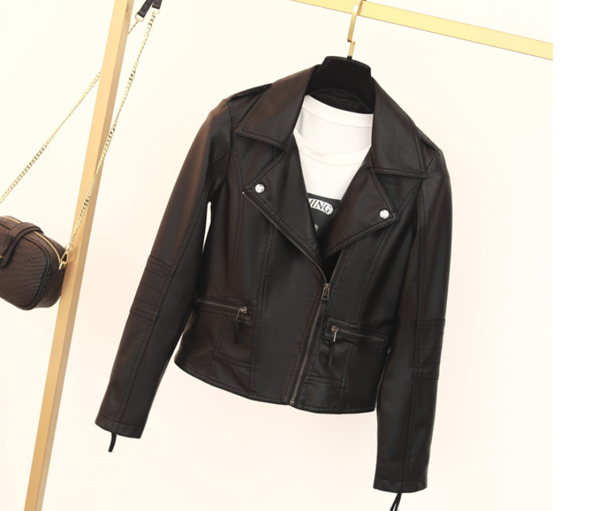 Leather women's lapel PU washed leather motorcycle women's short coat