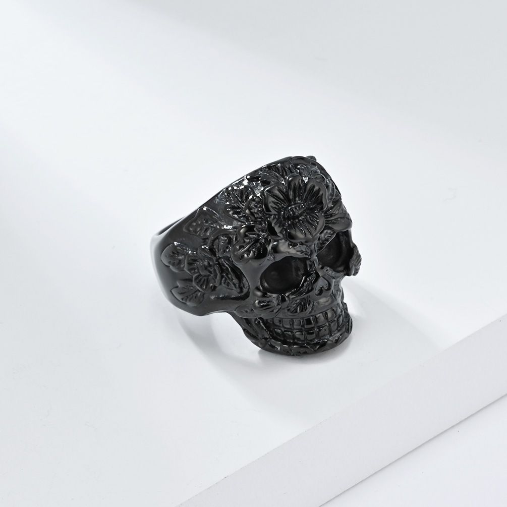 Flower Skull Ring Black