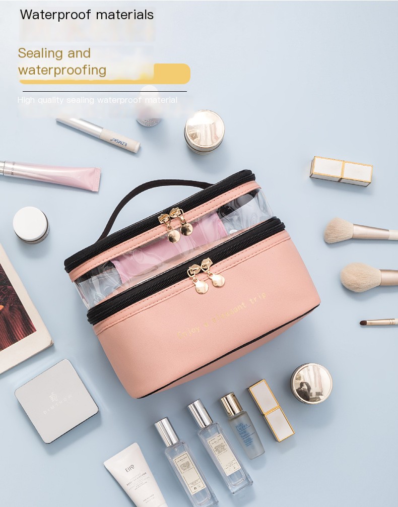 Solid Color PU Double Layer Cosmetic Bag - Brown