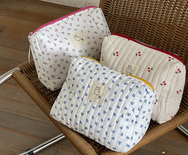 Korean Quilted Makeup Bag - Pink Floral