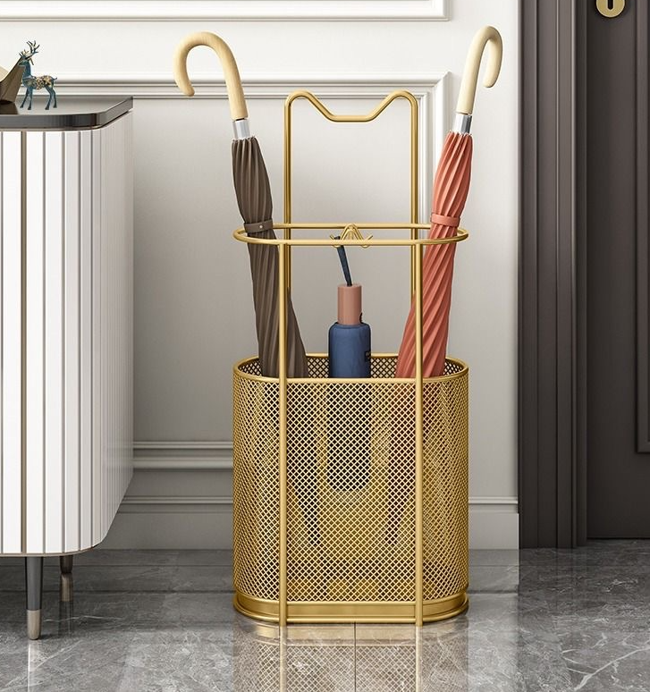 Metal Entrance Umbrella Stand With Cat Handle - Gold