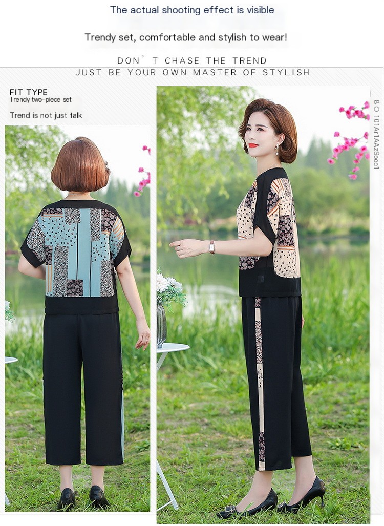 2023 Summer new short sleeve middle-aged and elderly suit female mother's wear plus size high waist cropped wide leg pants two-piece suit fashion