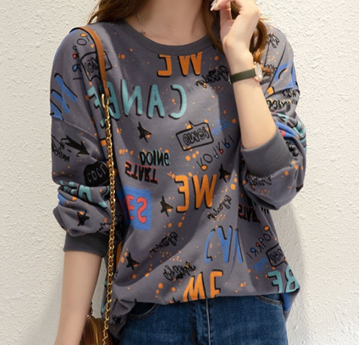 Harajuku Style Full Letter Polyester Loose Long-Sleeved Round Neck Sweater