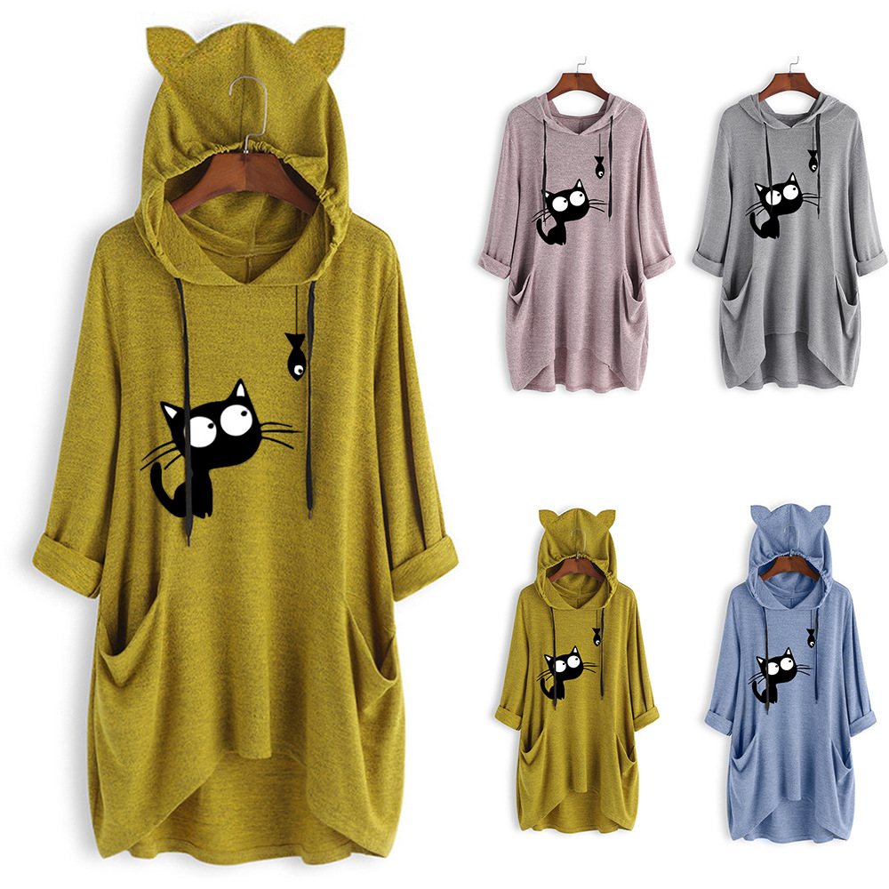 Knit sweater print long-sleeved hooded top image