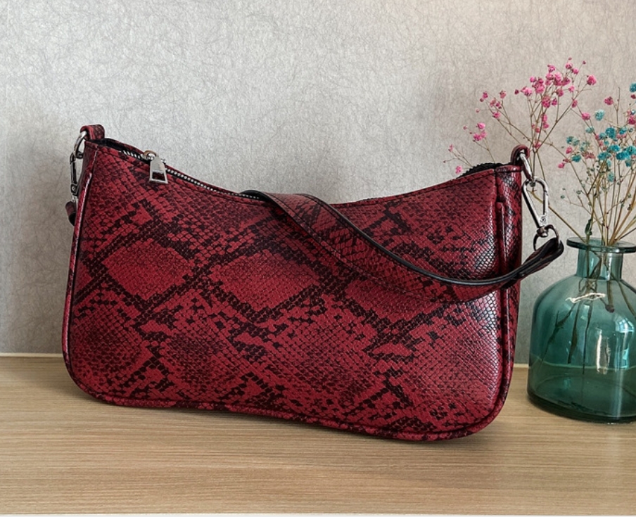 Retro Snake Print Baguette Bag - Wine Red