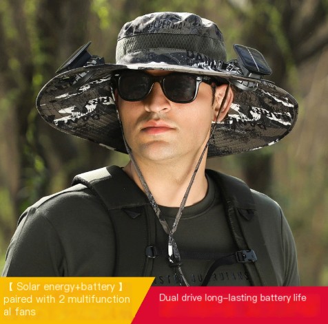 Long endurance lithium battery fan, solar charging, strong wind power, summer sun protection hat, men's sun protection fisherman hat, quick drying