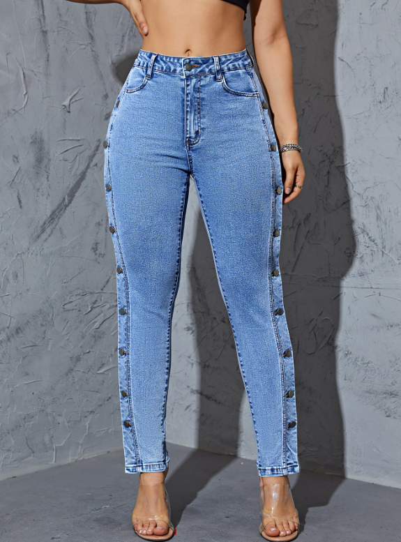 Blue Side Single-Breasted Button Denim Pants