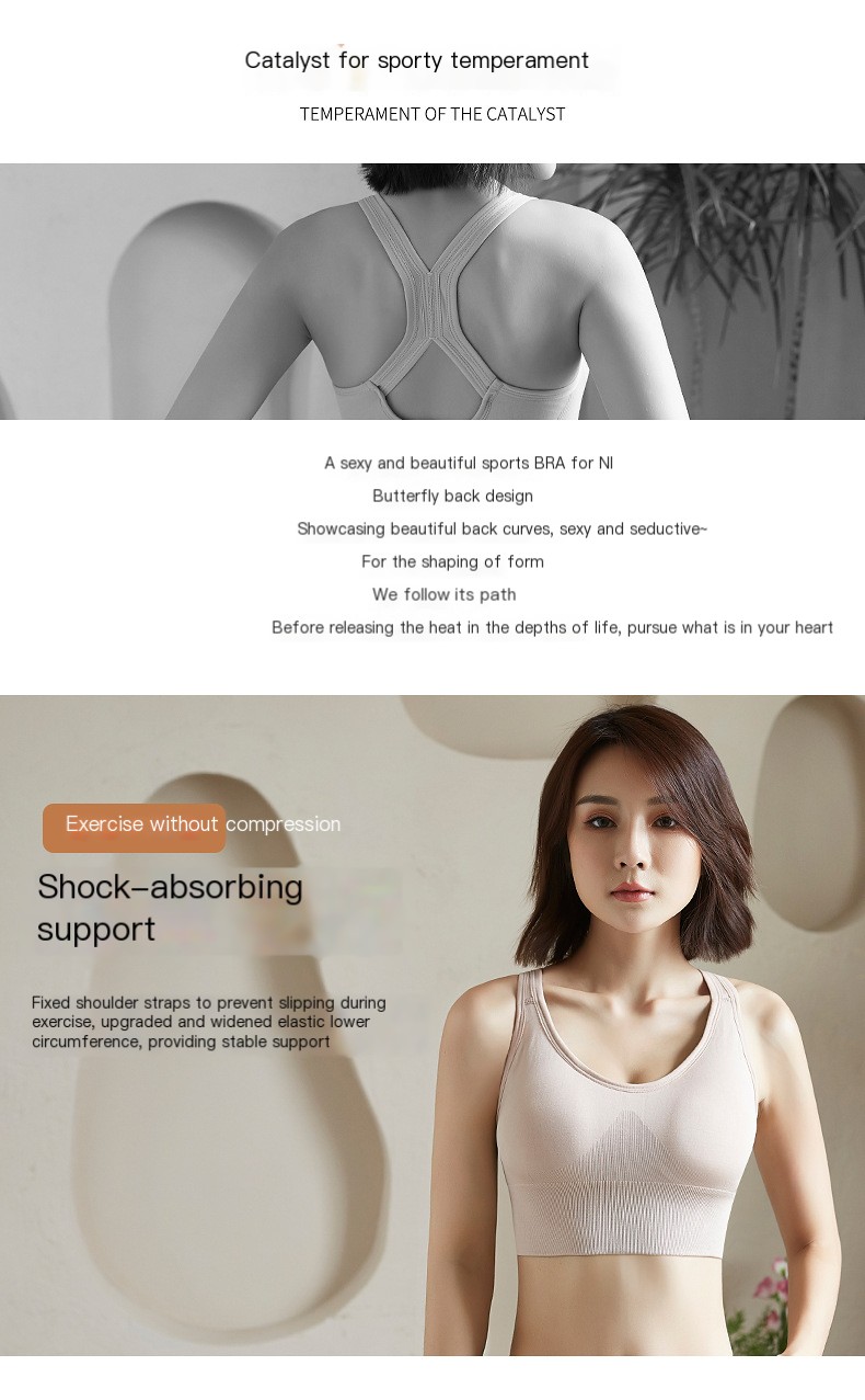 Adult women's imported cotton padded sports bra, front and rear views showing moulded cups and fixed double shoulder straps, HS code 6212.10.