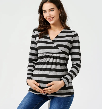 Women's Maternity Casual Striped V-neck Soft Tops