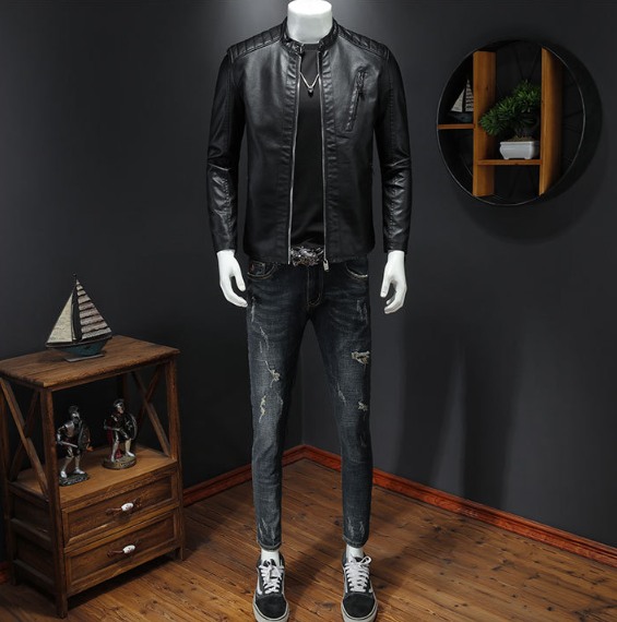 Stand-up Collar Leather Jacket