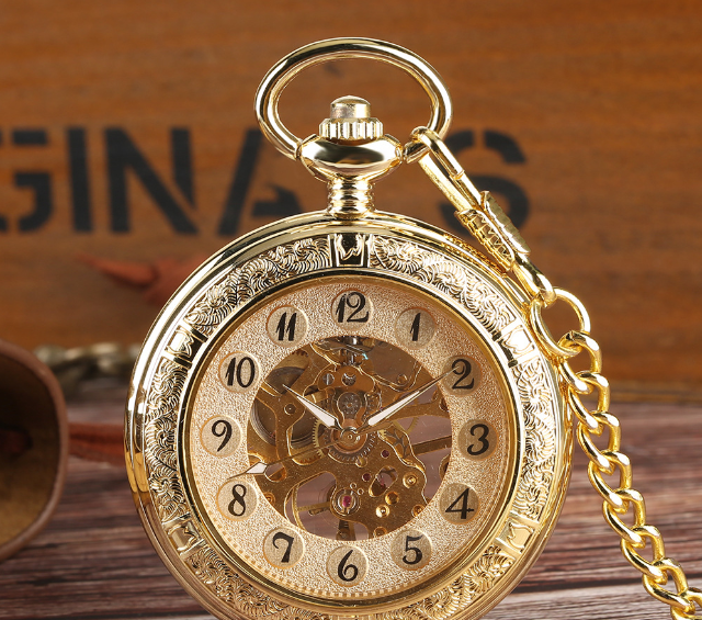 Gold Mechanical Pocket Watch Engraved Design