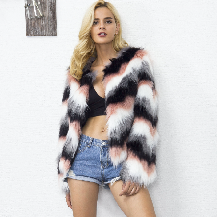 Color Block Faux Fur Short Jacket Image 2