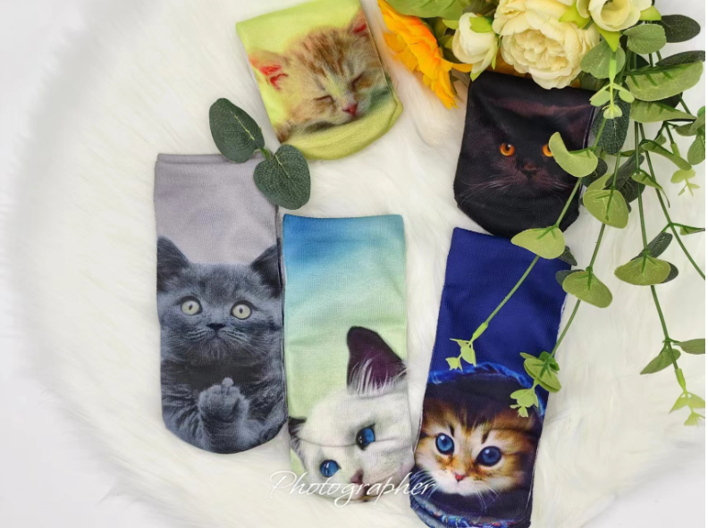 3D Cat Print Socks - Dark Blue