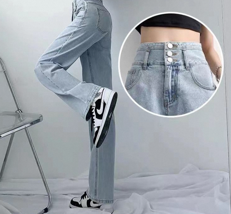 Ladies Spring Side Slit High Rise Straight Leg Jeans
