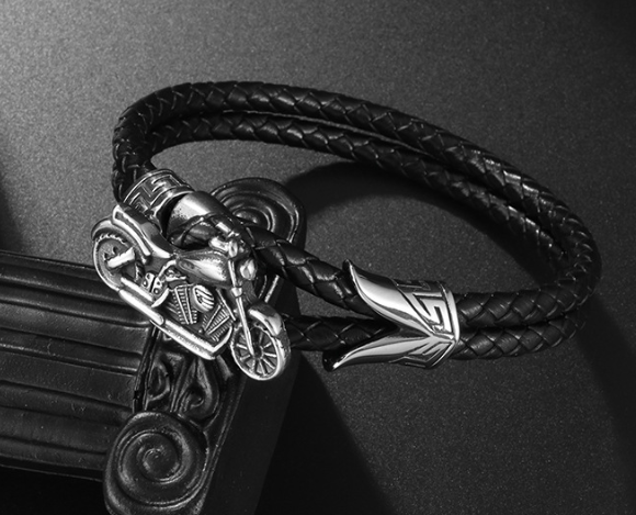 Men's Weaving Motorcycle Stainless Steel Leather Bracelet Image 2