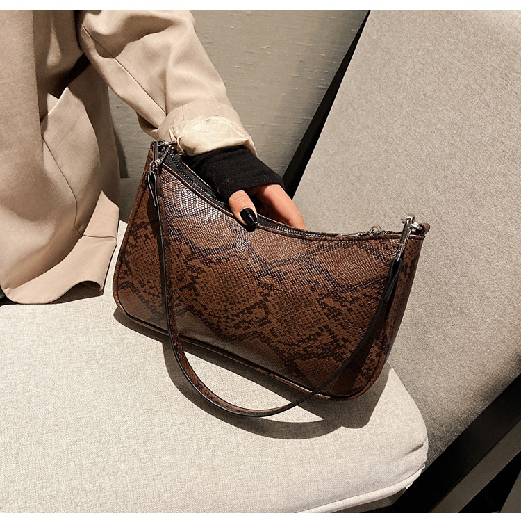 Retro Snake Print Baguette Bag - Brown