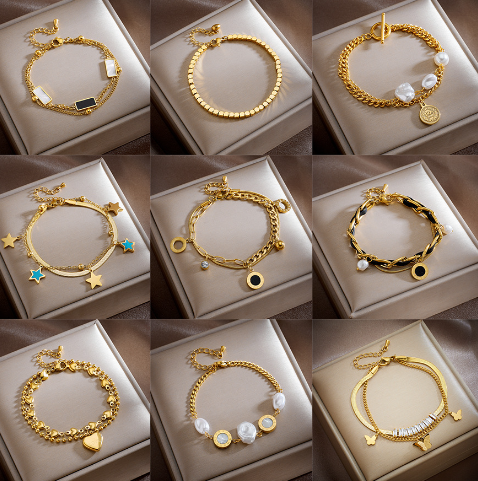 EILIECK 316L Stainless Steel Gold Multi-layer Charm Bracelet