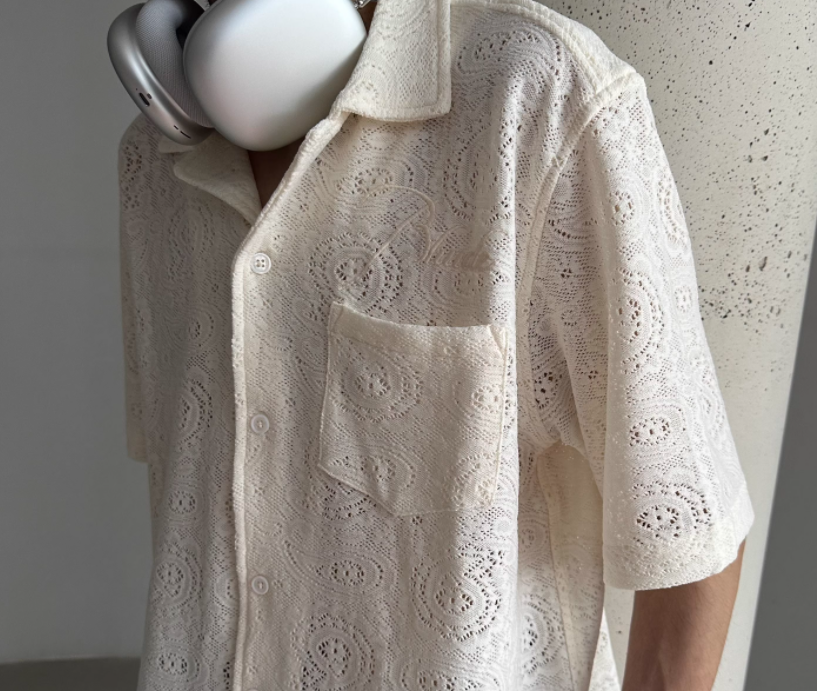 RHUDE American vintage lace Cut-out boxy short-sleeved shirt cleanfit loose knit embroidered coat