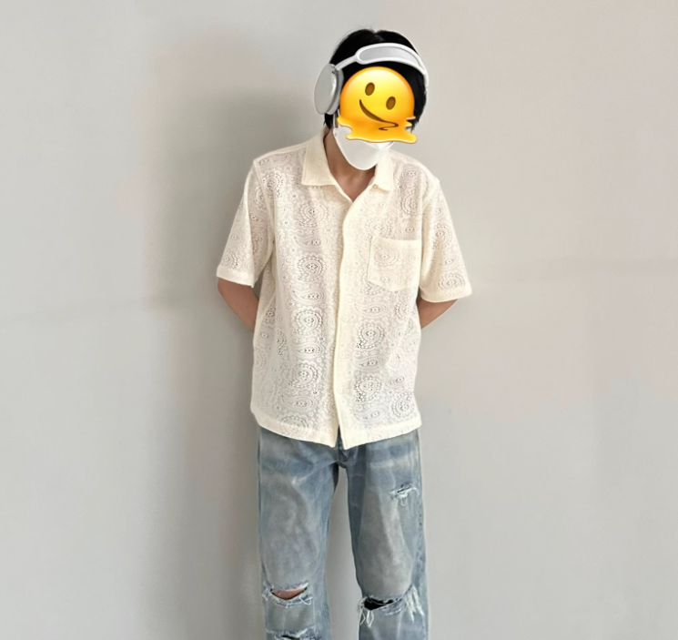 RHUDE American vintage lace Cut-out boxy short-sleeved shirt cleanfit loose knit embroidered coat